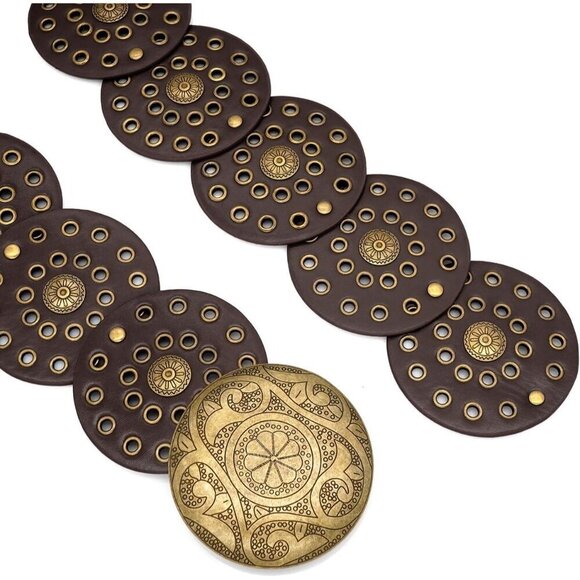 Wide Brown Disc Belt for Women Boho Concho Leather Belts Western Waist Belt - Picture 4 of 6